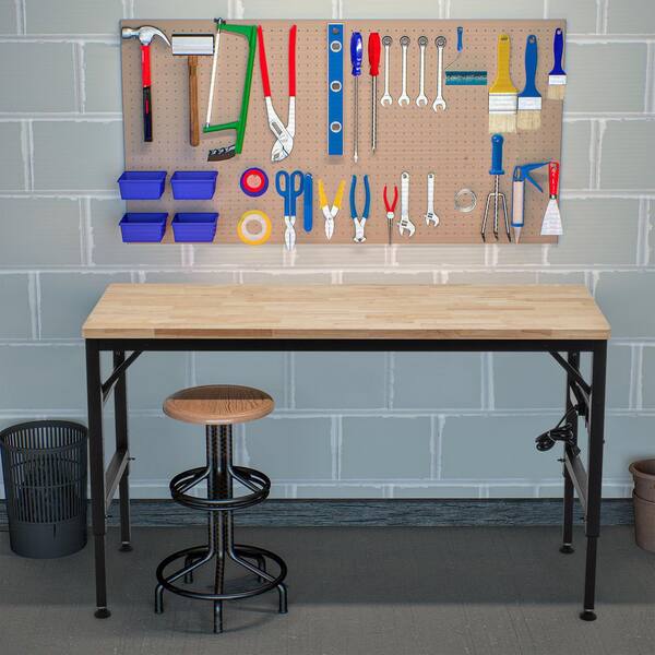 Unbranded 60 in. W Heavy-Duty Adjustable Workbench for Garage, Rubber Wood Shop Table with Power Outlets