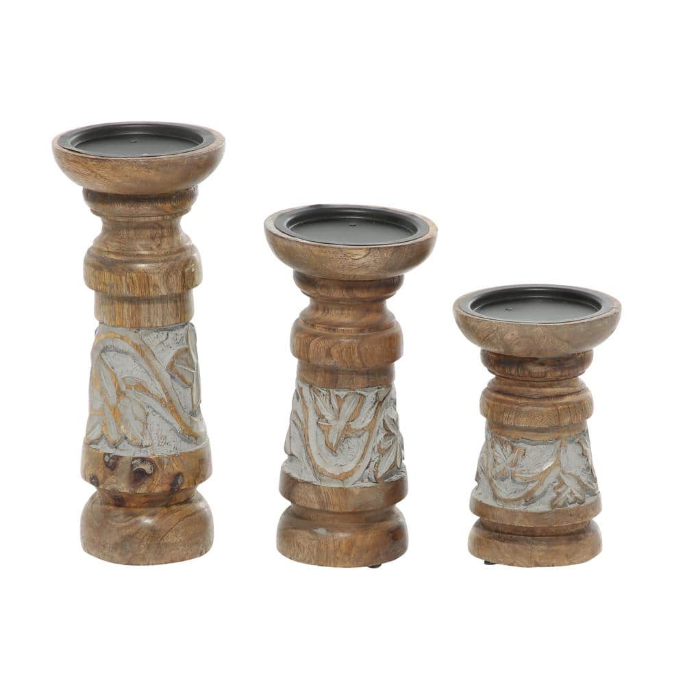 Elegant Bronze & Wood Pillar Candle Holder Trio, 3.9" x 9.95"