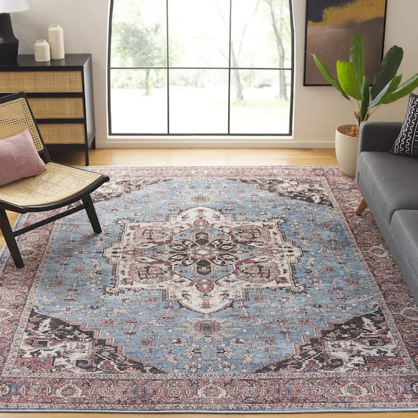 Serapi Blue/Rust 7 ft. x 7 ft. Machine Washable Border Ornate Medallion Square Area Rug