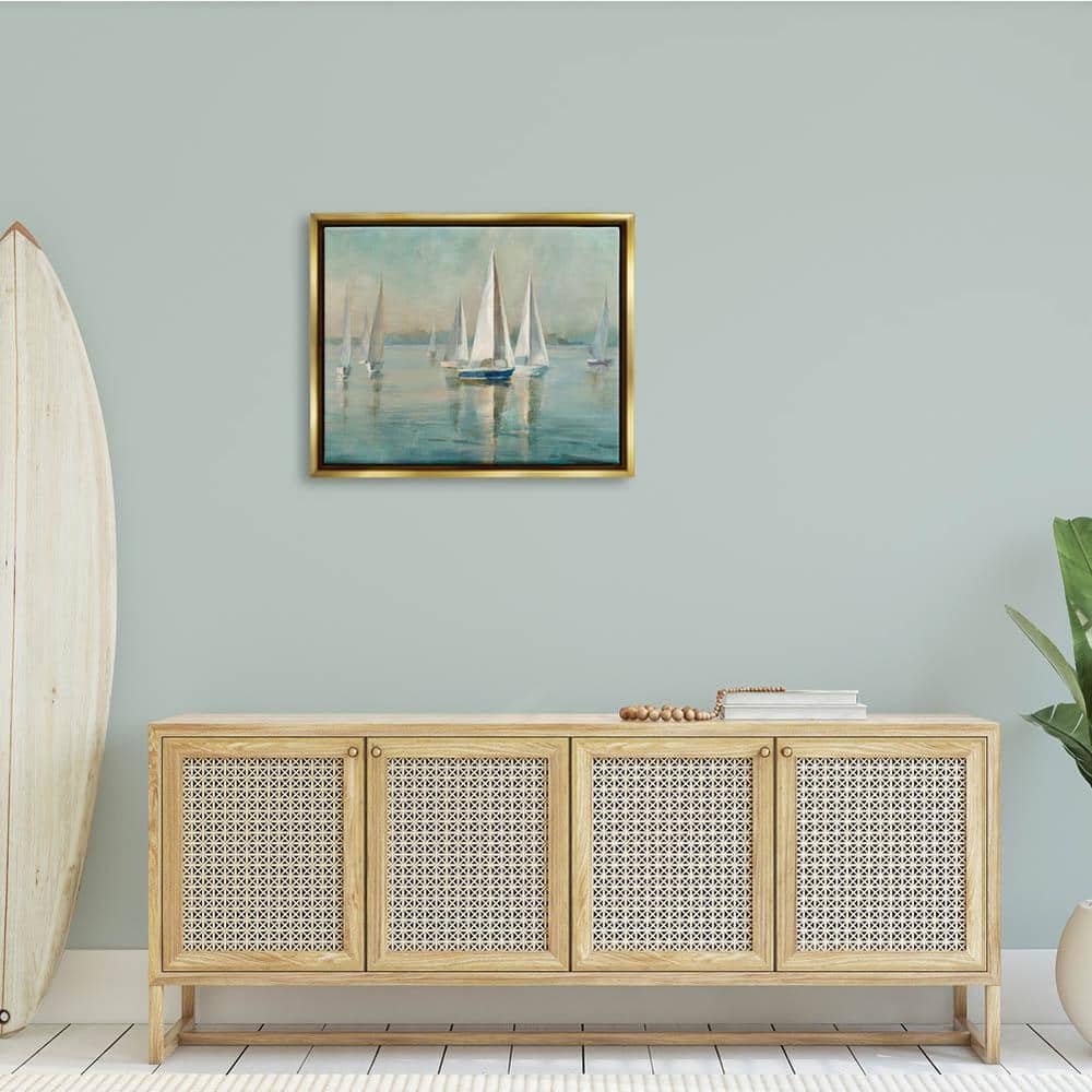 Traditional Nautical Sailboats Landscape Canvas with Gold Frame