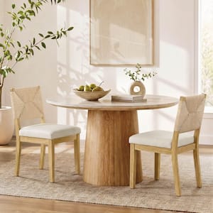 Blaze Natural Boho Upholstered Dining Chairs with Handwoven Paper Rope Back and Solid Rubber Wood Frame, Set of 2