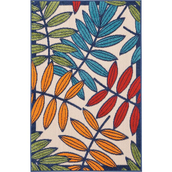 Nourison Aloha Multicolor 3 ft. x 4 ft. Floral Contemporary Indoor/Outdoor Patio Kitchen Area Rug