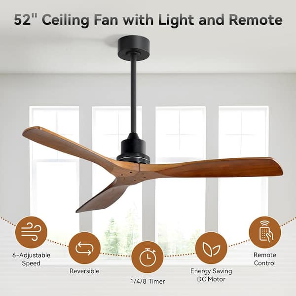 Sofucor 52 in. Indoor/Outdoor Black Wood Ceiling Fan with 6