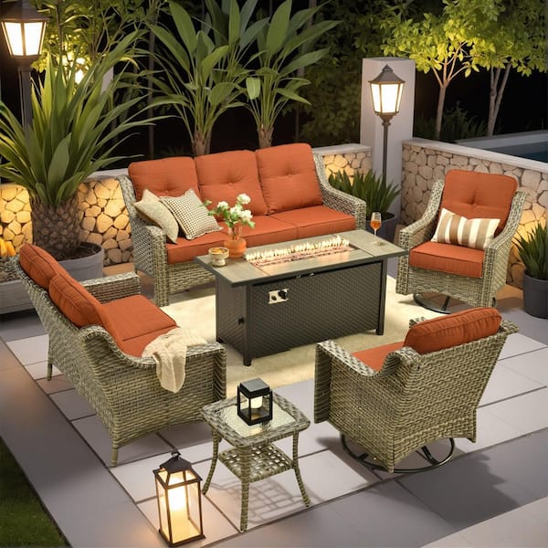 Palffy Gray 6-Piece Wicker Patio Rectangle Fire Pit Conversation Set with Orange Red Cushions and Swivel Chairs