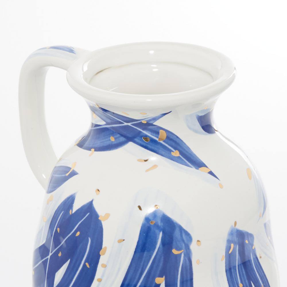 Contemporary Blue Ceramic Vase with Gold Flecks, 7" x 13"