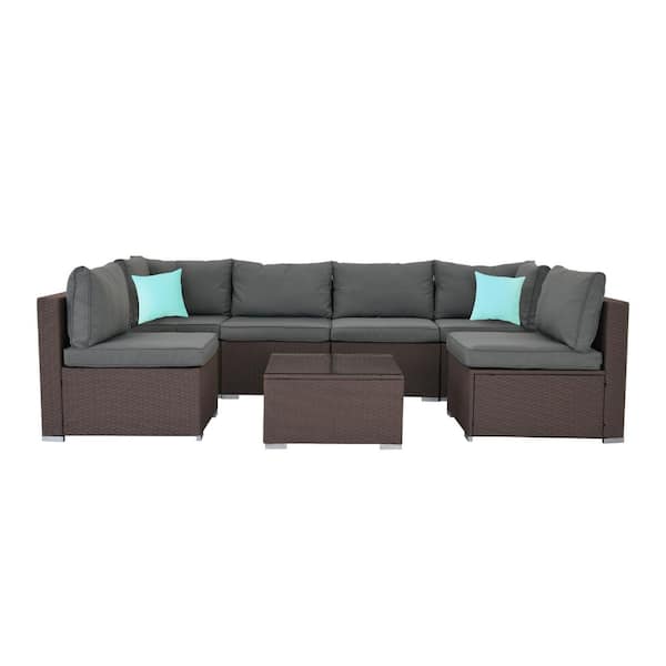 Cesicia 7-Piece Wine Red Wicker Outdoor Sectional Set Patio Conversation Set with Gray Cushions for Garden and Pool