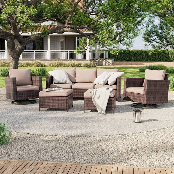 5-Piece Patio Outdoor Brown Wicker Conversation Seating Set Thickening With Swiveling Rocker, Sand Cushion