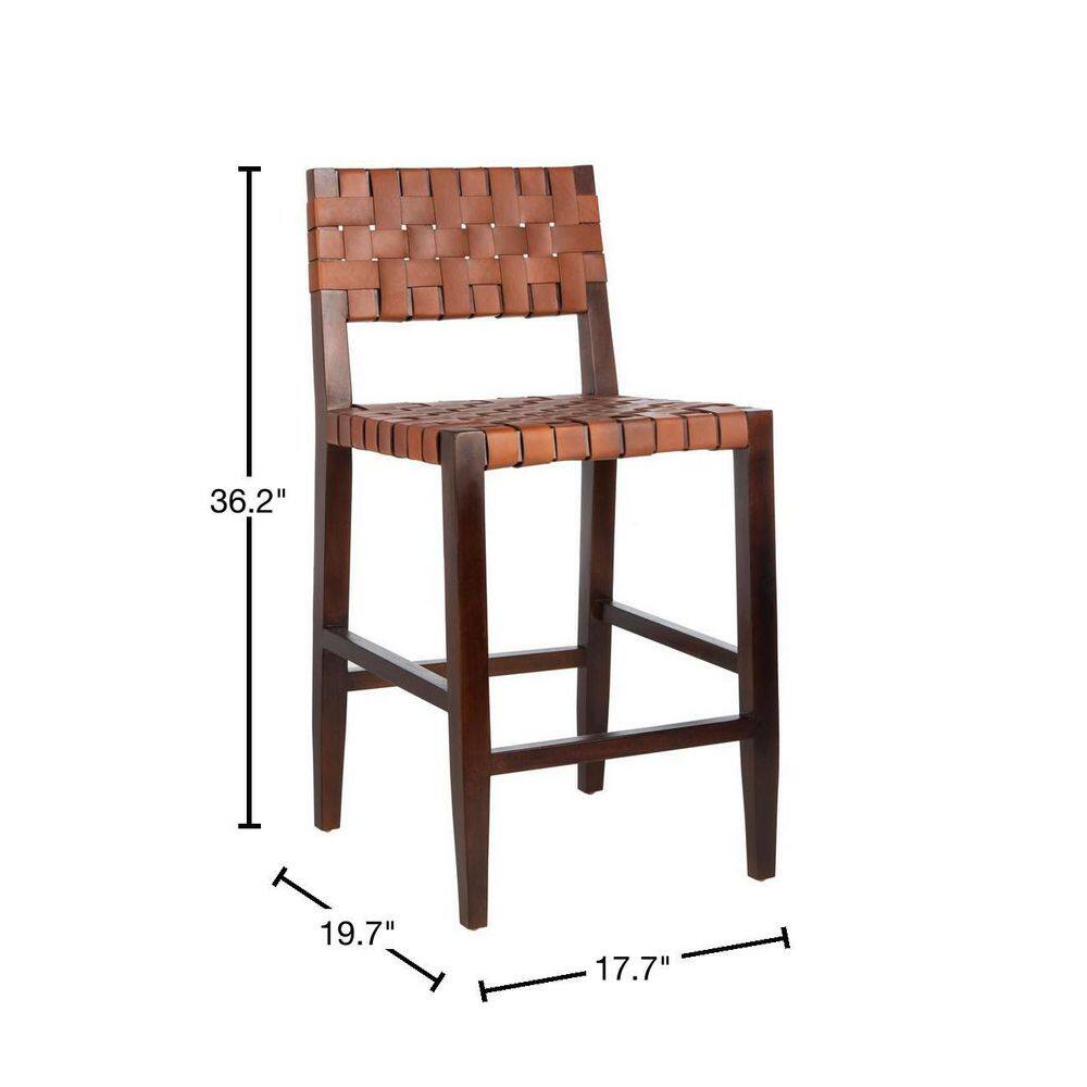 Cognac Woven Leather and Walnut Counter Stool