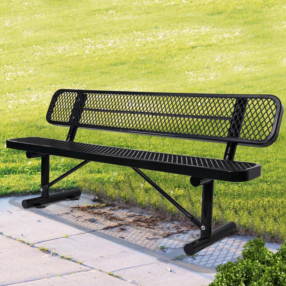 72'' Black Steel Outdoor Bench with Mesh Backrest