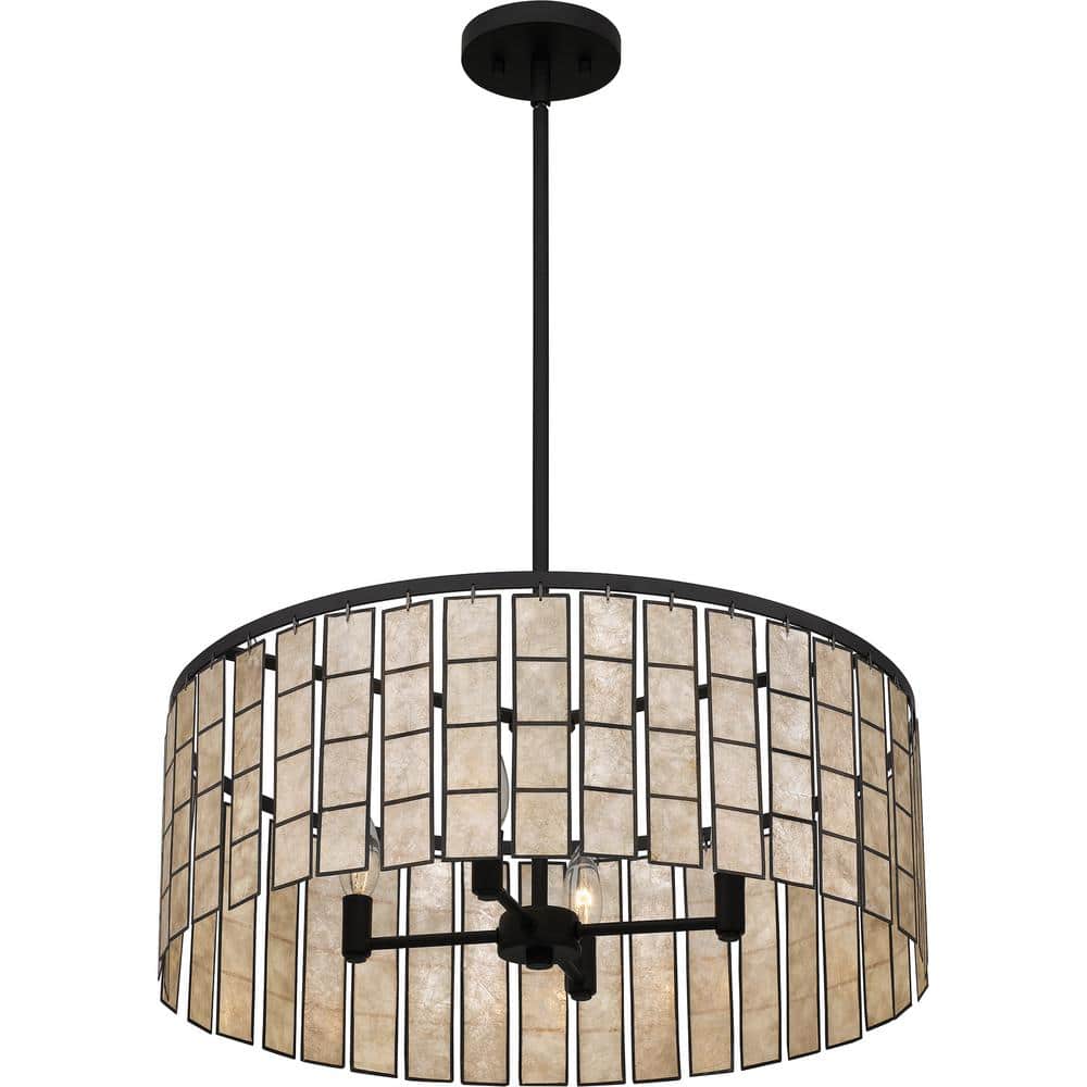 Matte Black Glass Drum Pendant Light with Amber Shade