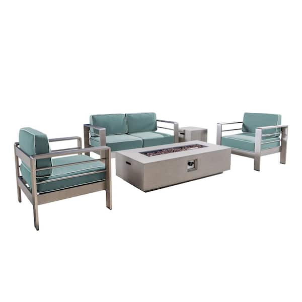 Noble House Cape Coral Silver 5-Piece Metal Patio Fire Pit Conversation Set with Canvas Spa Sunbrella Cushions