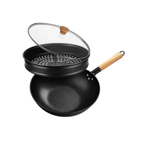 Wok 12 in. Black Pre-Seasoned Nonstick Nitrogen Treated, Induction and Gas Compatible Cookware with Lid & Steamer Basket