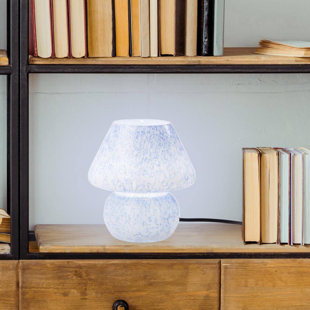 Serena 8.75 in. Blue and White Glass Mushroom Accent Lamp