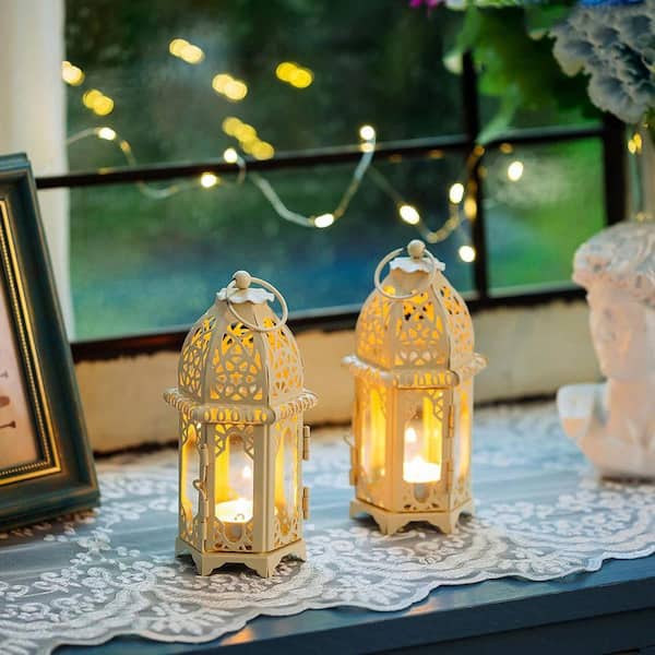 6.3 in. x 2.6 in. White Metal Moroccan Lantern without Candle, Set