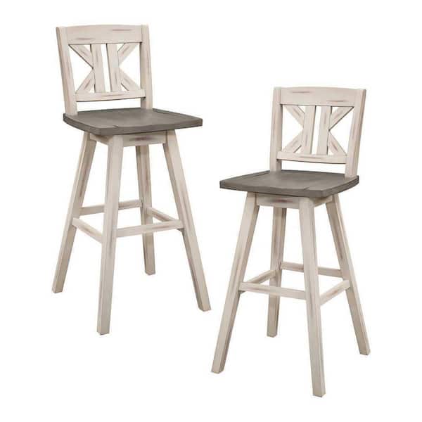 EVERGLADE HOME Fenton 42.5 in. Distressed Gray and White Full Back Wood Frame Swivel Dining Bar Stool with Wooden Seat (Set of 2)