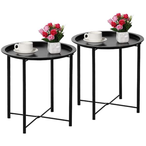 VECELO Round Side/End Table, Folding Round Metal Anti-Rust and Waterproof Outdoor or Indoor Tray, 18.5 in. W Black Set of 2