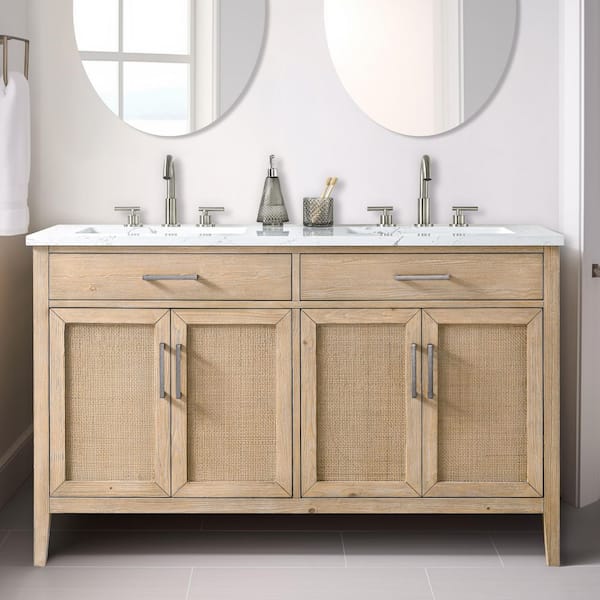 Cove 54 in. W Bath Vanity in Coastal Sand with Engineered Stone Top in Carrara White with White Sinks
