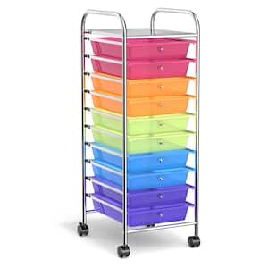 10-Tier Transparent Multicolor Rolling Storage Cart Organizer Steel Kitchen Cart with Plastic Drawers