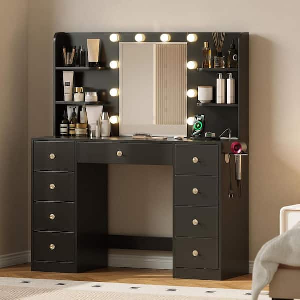Modern 1-Piece Black Makeup Vanity Set Dressing Desk with LED Bulb Mirror, Drawers, Storage Shelves