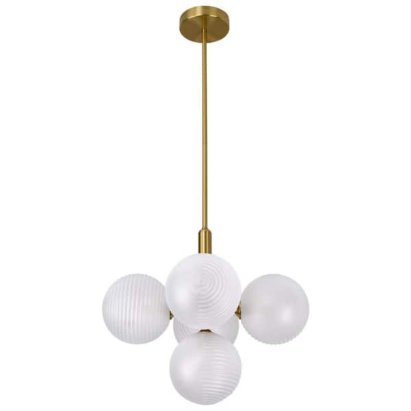 Modern 14 in. 5-Light Gold Cluster Bubble Chandelier with Globe Frosted Glass Shades