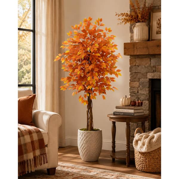 StyleWell 4.9 ft. Artificial Autumn Ficus Tree in White Pot T5351 - The ...