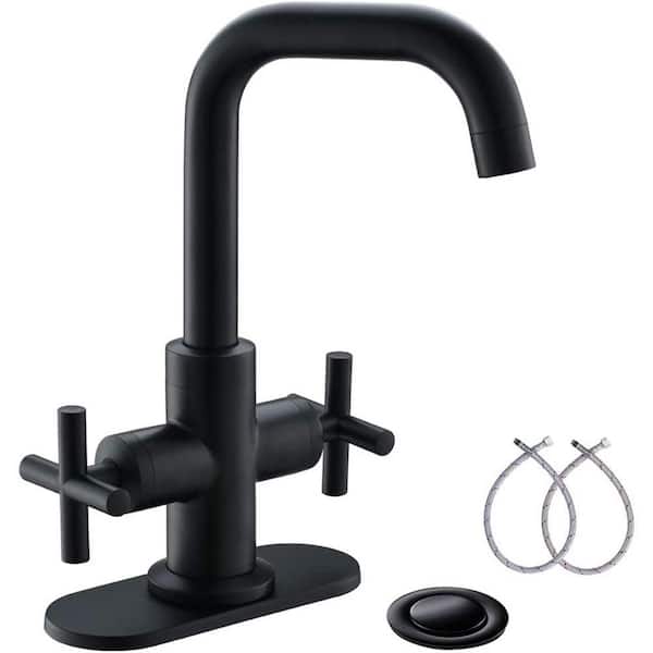 Phiestina 4 in. Centerset 2-Handle Bathroom Faucet with Drain, Deck Plate and Supply Hoses Matte Black