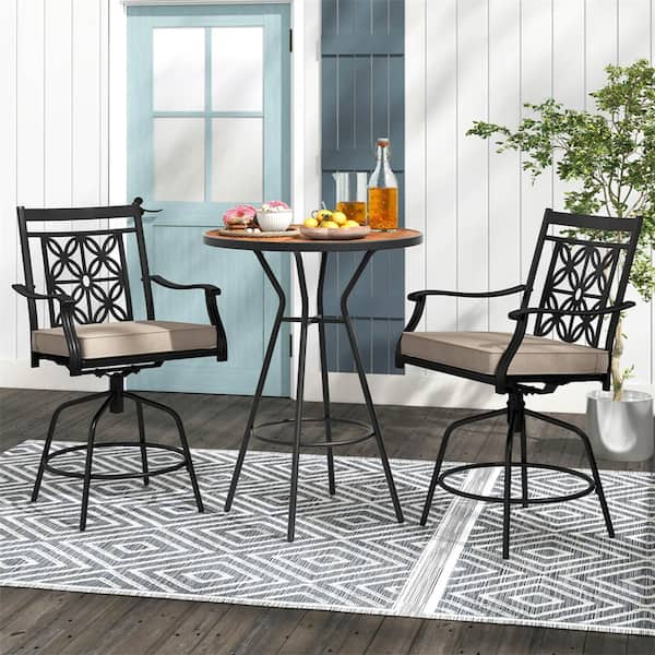 Swivel Metal Black Outdoor Bar Stool with Seat Cushions High Back and Armrests (Set of 2)