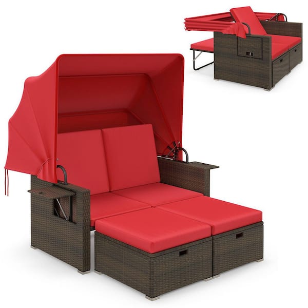 67 in. PE Wicker Patio Outdoor Day Bed with Cushions Retractable Canopy Storage Ottoman, Loveseat, Red Cushions