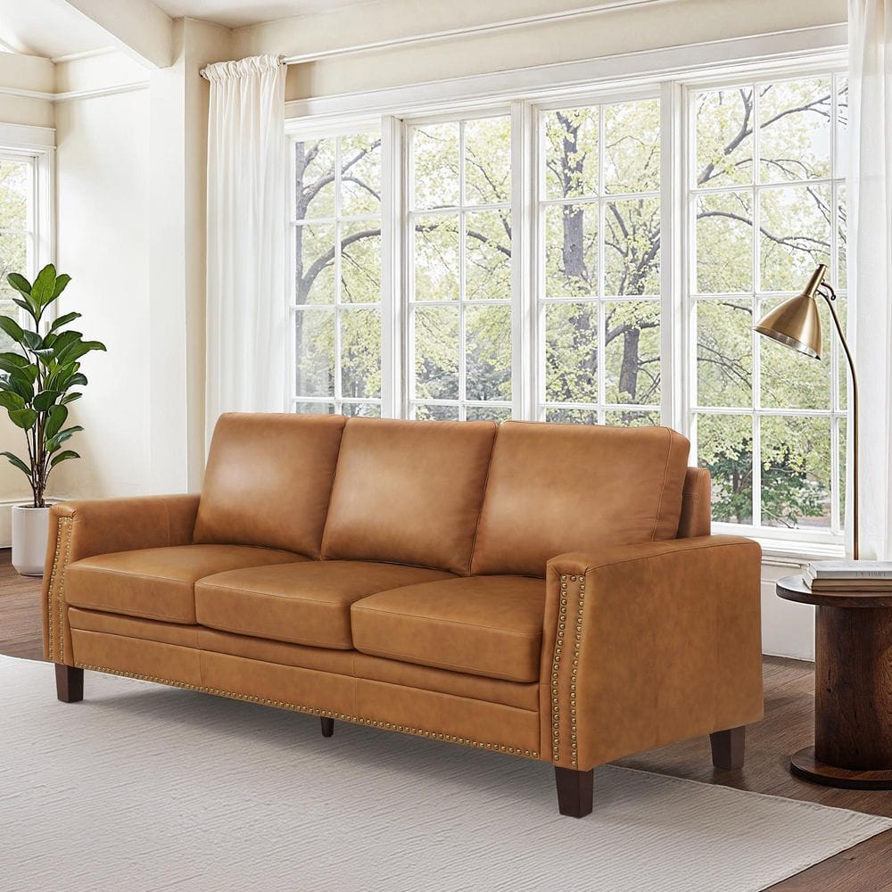 OrangeOne Sampson 84 in. Genuine Leather Square Arms 3-Seat Sofa