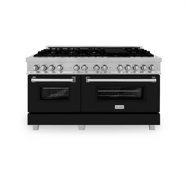 60 in. Legacy Dual Fuel Range with 9 Burners and 2 Electric Ovens in Satin Stainless Steel and Black Matte Doors
