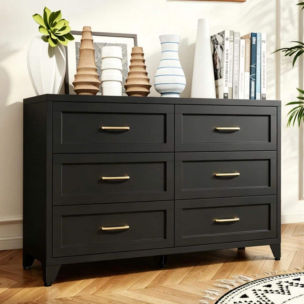Modern Farmhouse Black 6-Drawer 47.2 in. Wide Metal Dresser with Smooth-Gliding Drawers