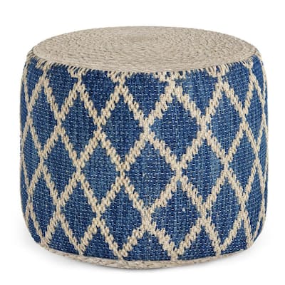 Edgeley Boho Round Pouf in Classic Blue, Natural Woven Braided Jute