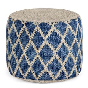 Edgeley Boho Round Pouf in Classic Blue, Natural Woven Braided Jute