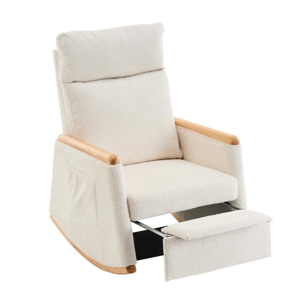Accent Wood Outdoor Rocking Chair with Footrest, High Back, Side Pockets an