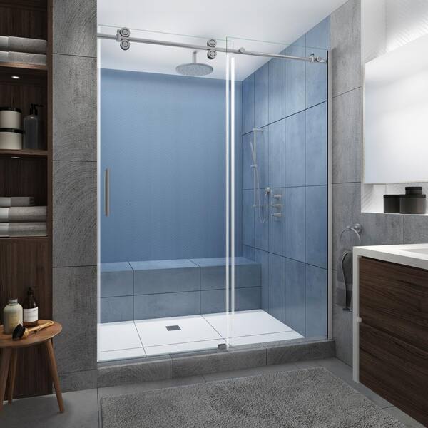 Aston Langham XL 52 - 56 in. x 80 in. Frameless Sliding Shower Door with StarCast Clear Glass in Stainless Steel, Left Hand