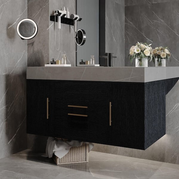 40 in. Single Sink Floating Black Bath Vanity with White Cultured Marble Top