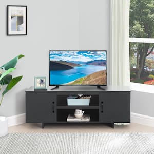Corner TV Stand for TVs up to 55 in., Low Profile TV Cabinet with Doors and Shelves, Small TV Stand in Black