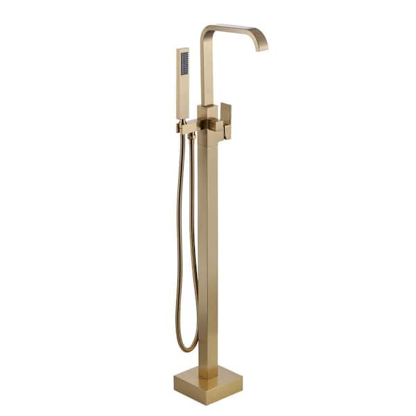 WOWOW Waterfall Single-Handle Freestanding Tub Faucet with Hand Shower, Brass Floor Mounted Tub Filler Faucet in. Brushed Gold