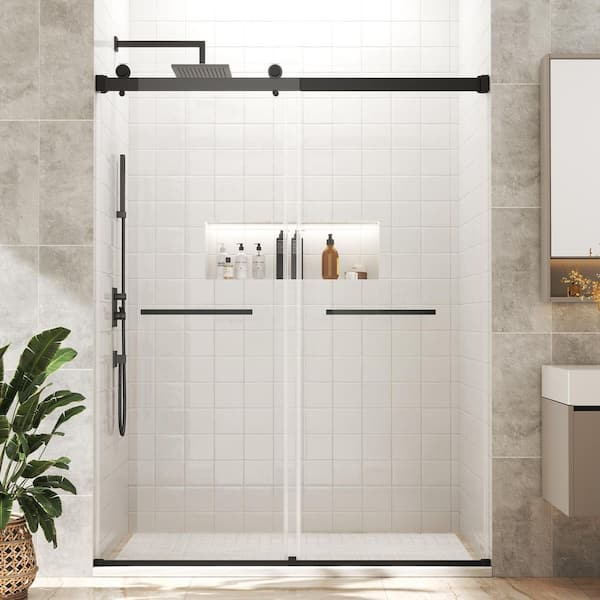 Frameless Sliding Shower Door 54-58 in. W x 76 in. H, 5/16 in. Clear Glass, Nano Easy-Clean, Stainless Steel, Soft-Close