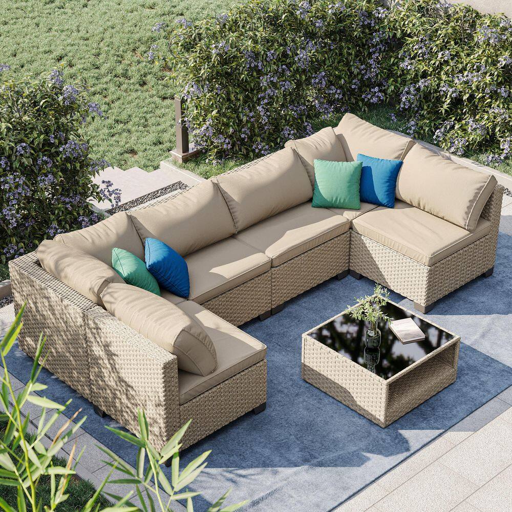 Light Khaki 7-Piece Wicker Outdoor Patio Conversation Set Sectional Sofa with Beige Cushions and Glass-top Coffee Table price history on PriceWatchPro