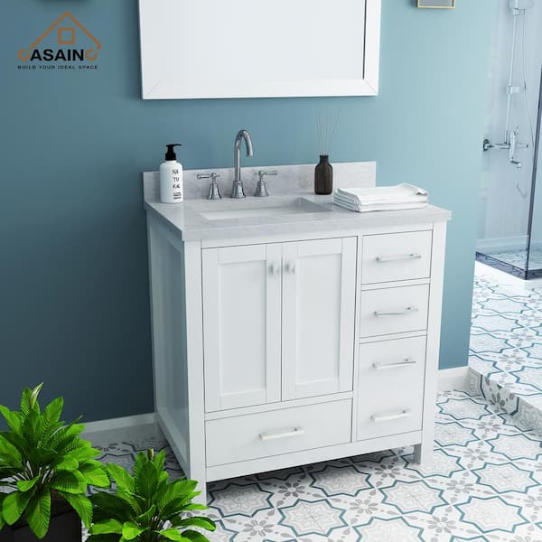 WONLINE 36 In. bathroom vanity set 36-in White Single Sink Bathroom Vanity  with White Wood Top (Mirror and Faucet Included) in the Bathroom Vanities  with Tops department at