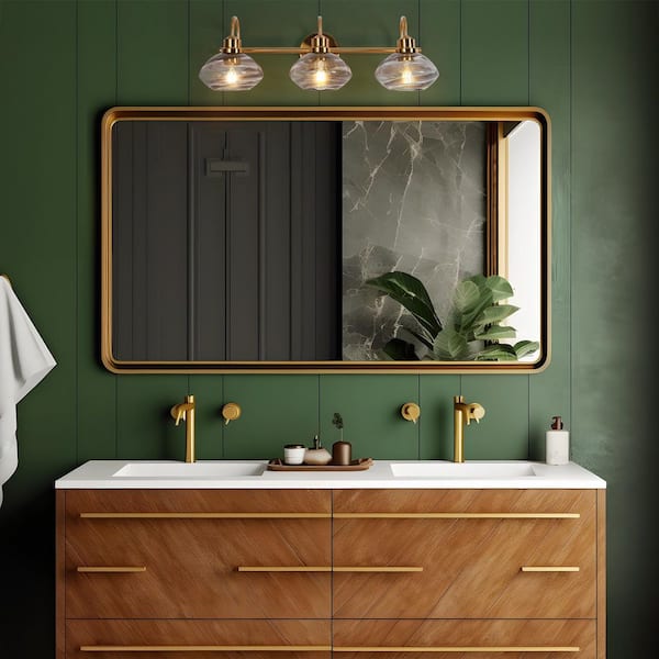 25.6 in. 3-Light Brass Gold Vanity Light with Hand-Blown Cloudy Glass Shades