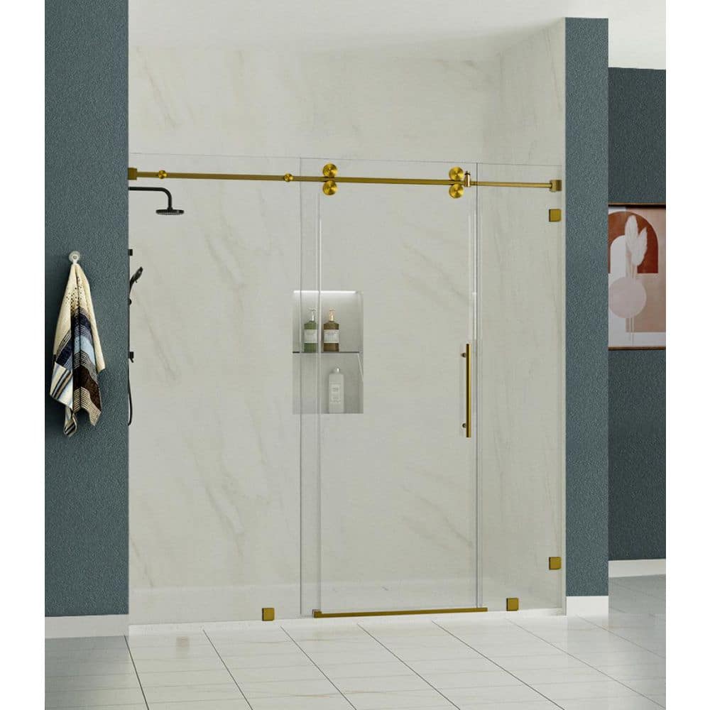 "RadianceXL 81 to 84 in. W x 76 in. H Single Sliding Frameless Shower Door in Brushed Gold with 3/8"" Clear Glass" price history on PriceWatchPro