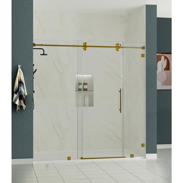 RadianceXL 81 to 84 in. W x 76 in. H Single Sliding Frameless Shower Door in Brushed Gold with 3/8" Clear Glass