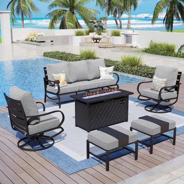 PHI VILLA 7 Seat 6-Piece Metal Outdoor Patio Conversation Set with Gray Cushions, Swivel Chairs, Rectangular Fire Pit Table