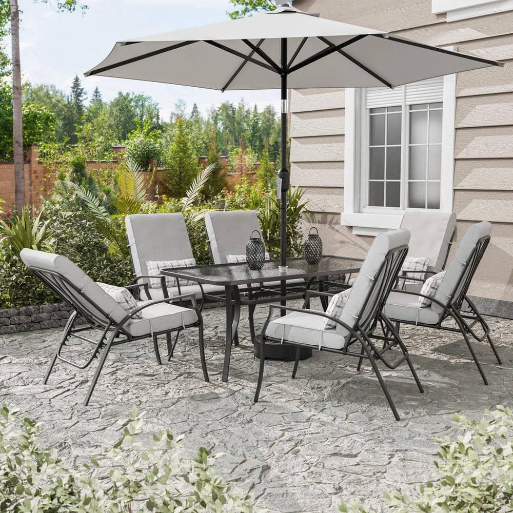 GREEMOTION Palma 7-Piece Steel/Metal Rectangle Adjustable Outdoor The and Gray Home Top with Dining Cushions GHN-4244-9QD Glass Set Depot - Backrest