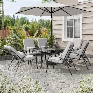 Palma 7-Piece Steel/Metal Rectangle Glass Top Outdoor Dining Set with Gray Cushions and Adjustable Backrest