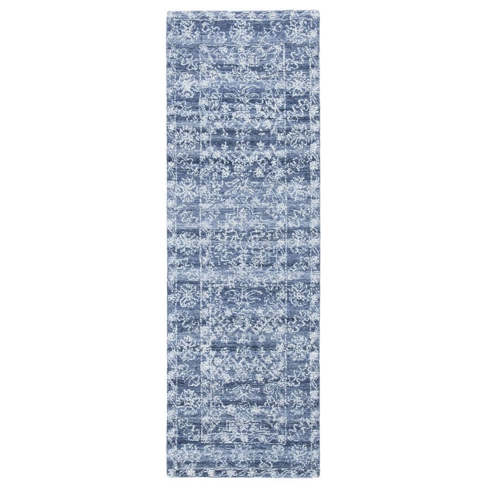 Navy Blue Geometric Hand-Tufted Wool Runner Rug