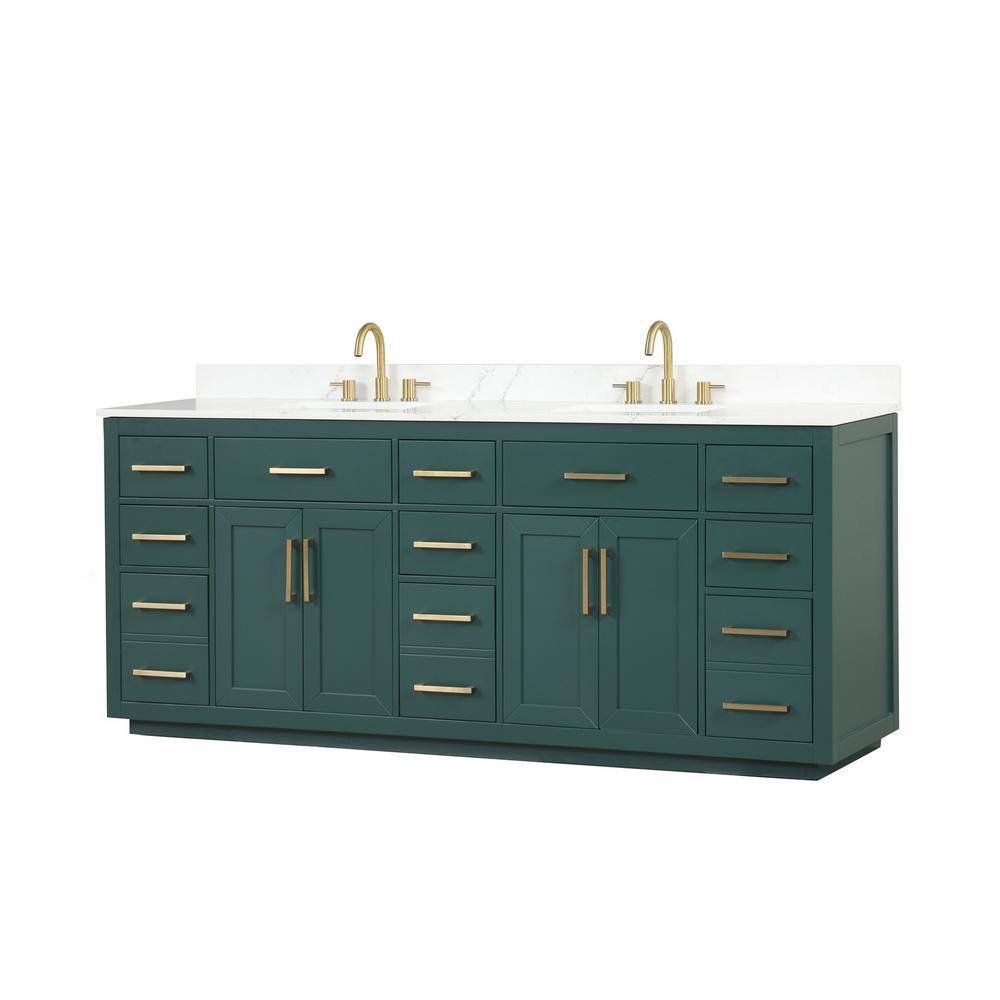 84 Green Modern Bathroom Vanity with Double Sink, White Quartz Top, Solid W