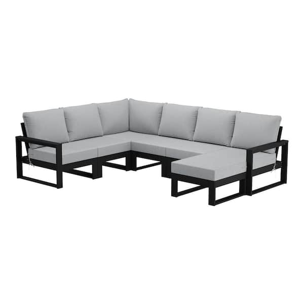 WESTIN OUTDOOR Endless Black Frame 7-Piece Plastic Outdoor Patio All Weather Modular Sectional Ottoman Set with Light Gray Cushions
